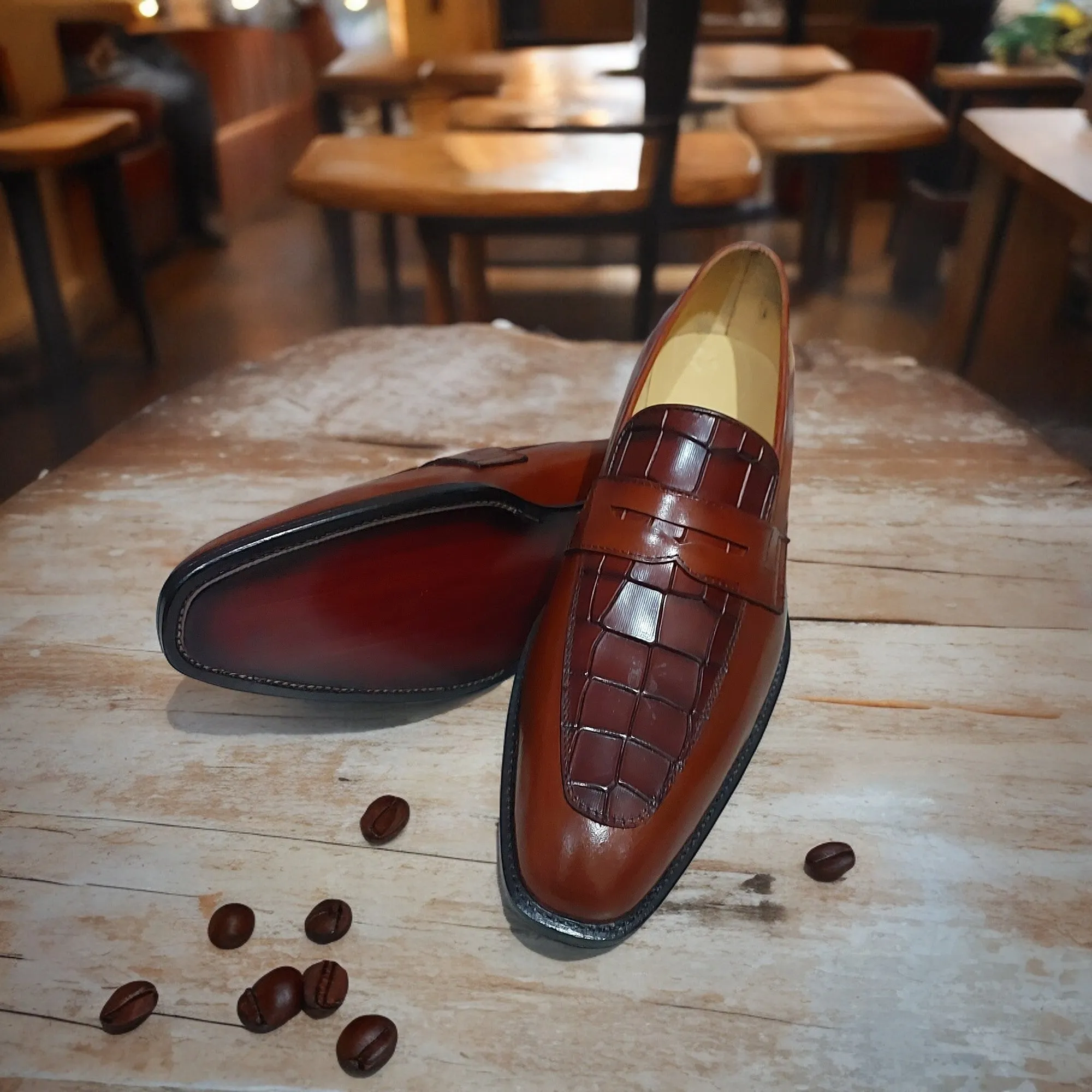 New Men's Handmade Formal Shoes Brown Crocodile Textured Leather Slip On Stylish Loafer Moccasin Shoes