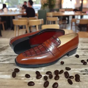 New Men's Handmade Formal Shoes Brown Crocodile Textured Leather Slip On Stylish Loafer Moccasin Shoes