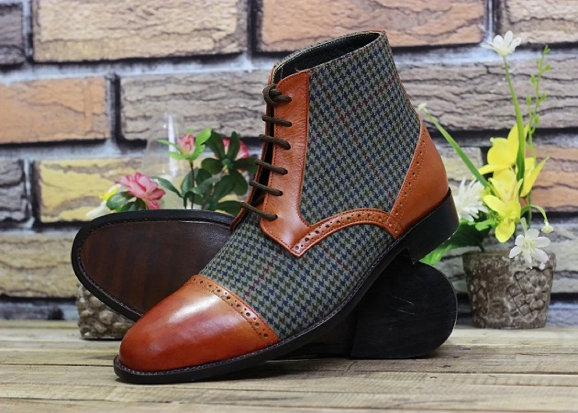 New Men's Handmade Formal Shoes Brown Leather & Tweed Stylish Ankle High Lace Up Dress/Formal Wear Shoes