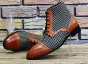 New Men's Handmade Formal Shoes Brown Leather & Tweed Stylish Ankle High Lace Up Dress/Formal Wear Shoes