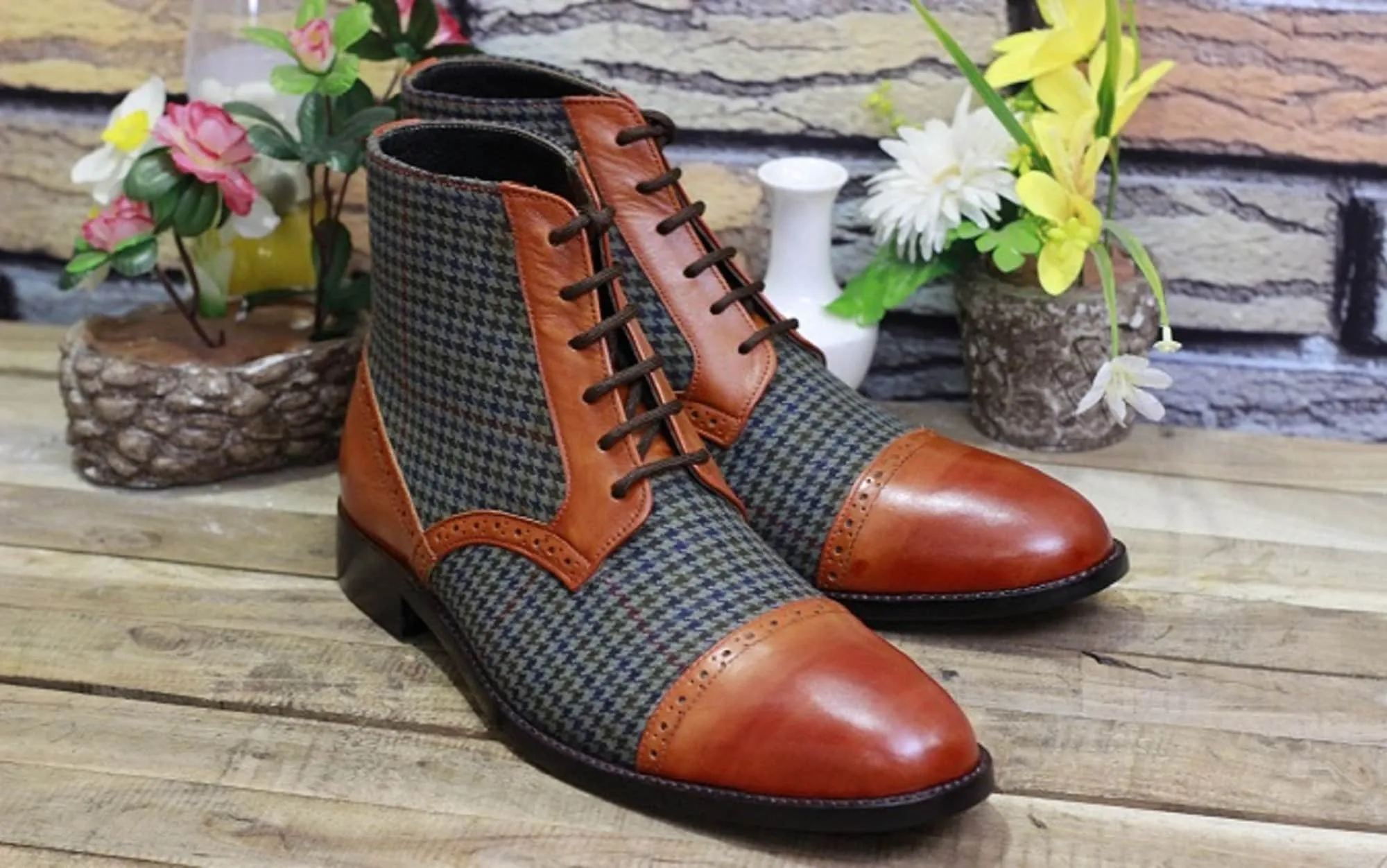 New Men's Handmade Formal Shoes Brown Leather & Tweed Stylish Ankle High Lace Up Dress/Formal Wear Shoes
