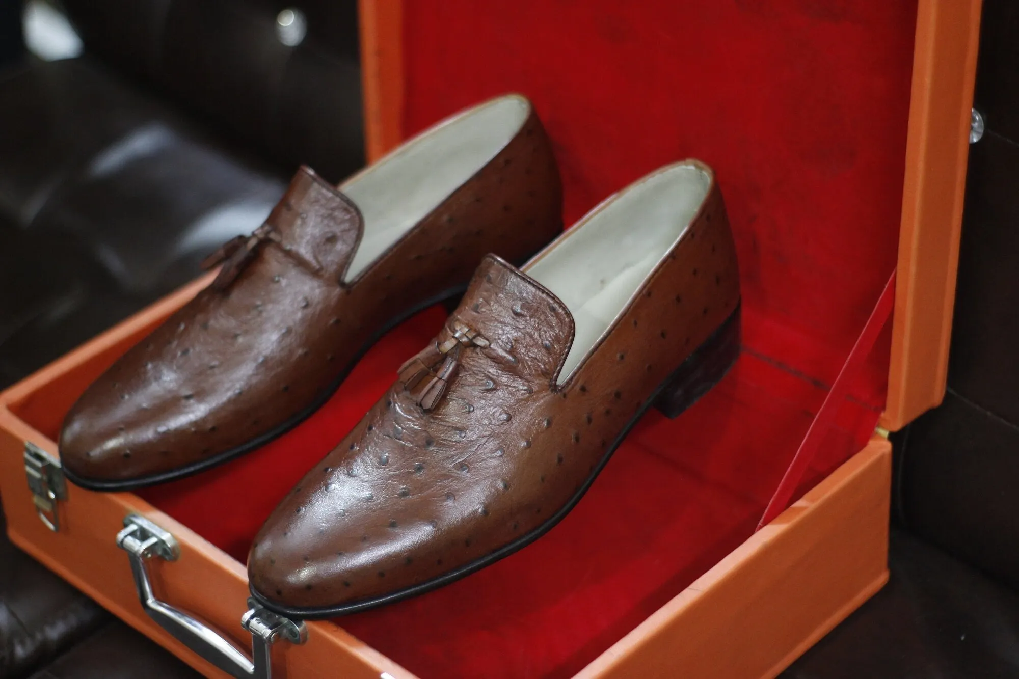 New Men's Handmade Formal Shoes Brown Ostrich Textured Leather Slip On Stylish Loafer Teasels Dress & Formal Wear Shoes
