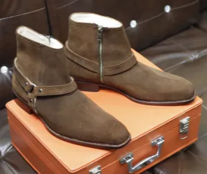 New Men's Handmade Formal Shoes Brown Suede Leather Ankle High Jodhpur Style Zip Up Boots