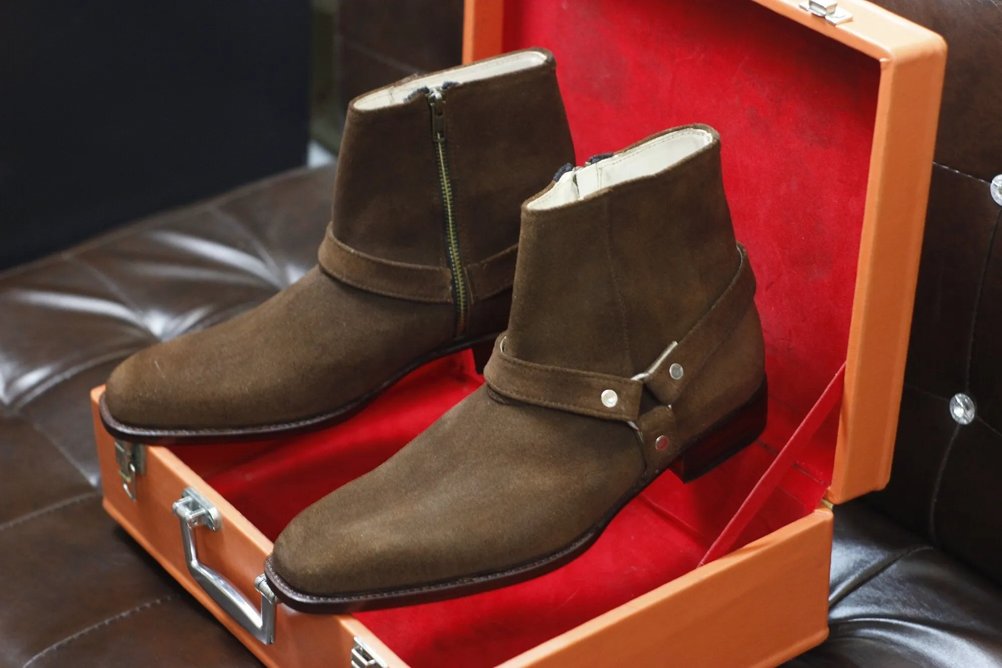 New Men's Handmade Formal Shoes Brown Suede Leather Ankle High Jodhpur Style Zip Up Boots