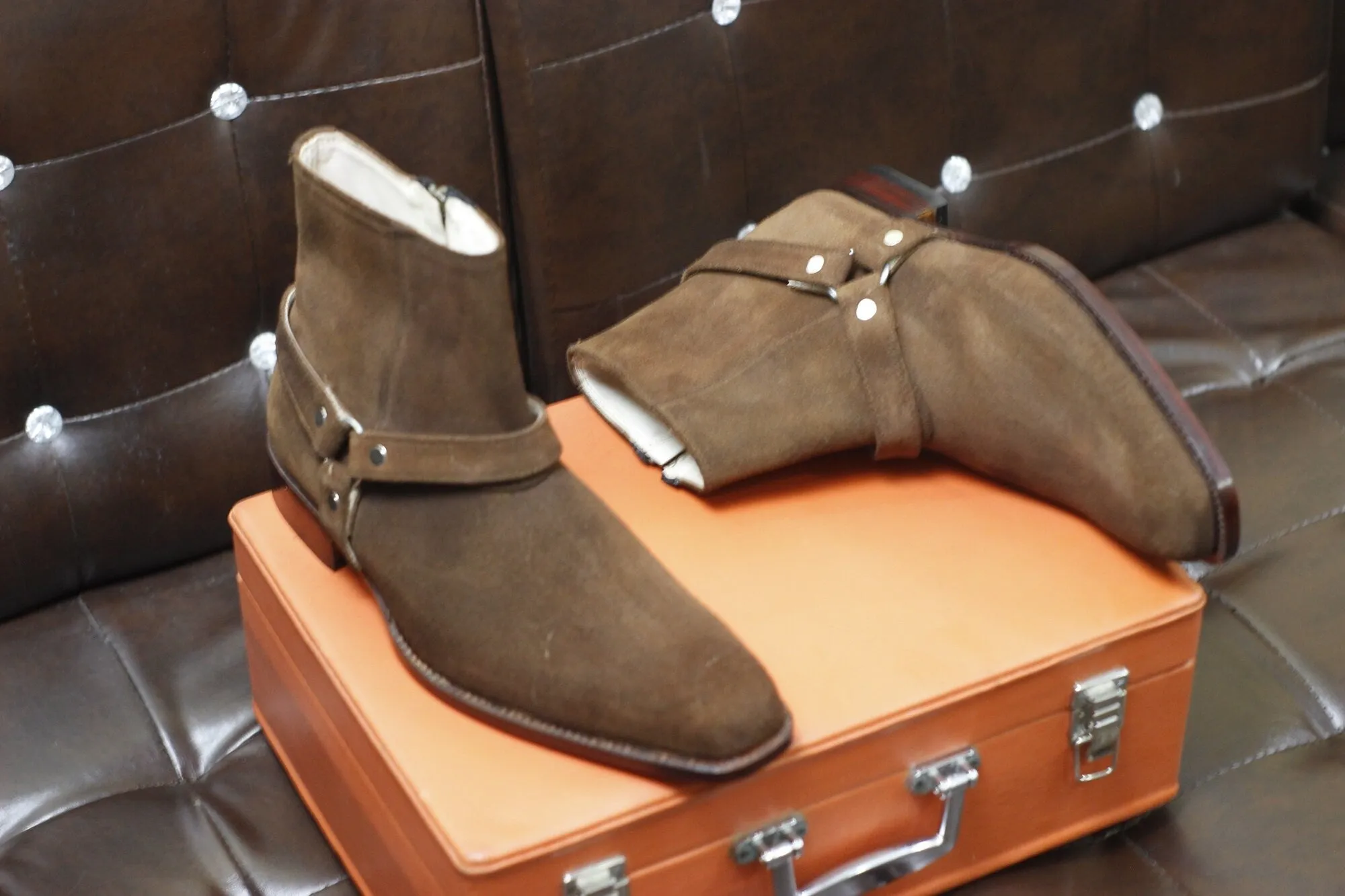 New Men's Handmade Formal Shoes Brown Suede Leather Ankle High Jodhpur Style Zip Up Boots