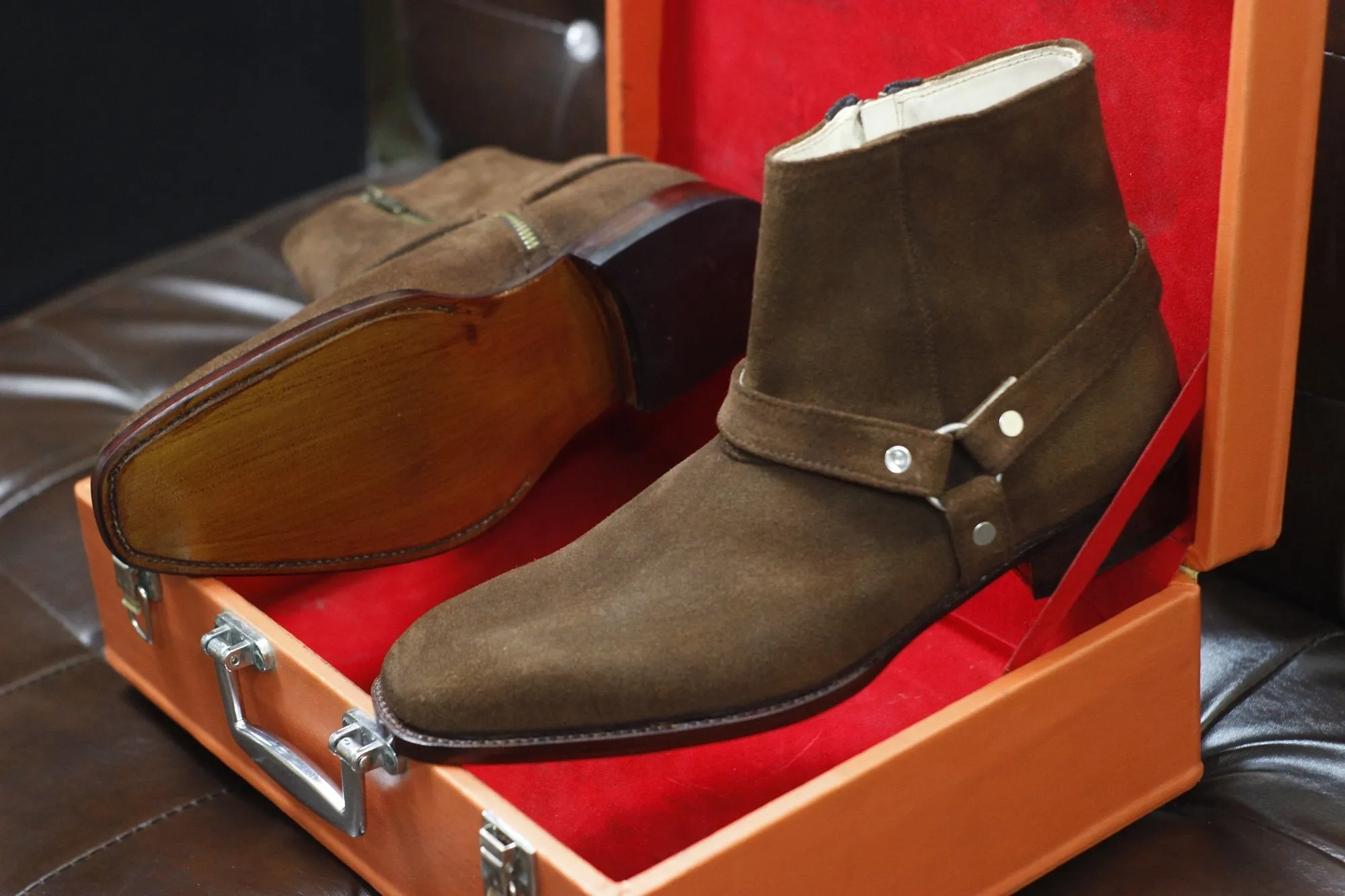 New Men's Handmade Formal Shoes Brown Suede Leather Ankle High Jodhpur Style Zip Up Boots