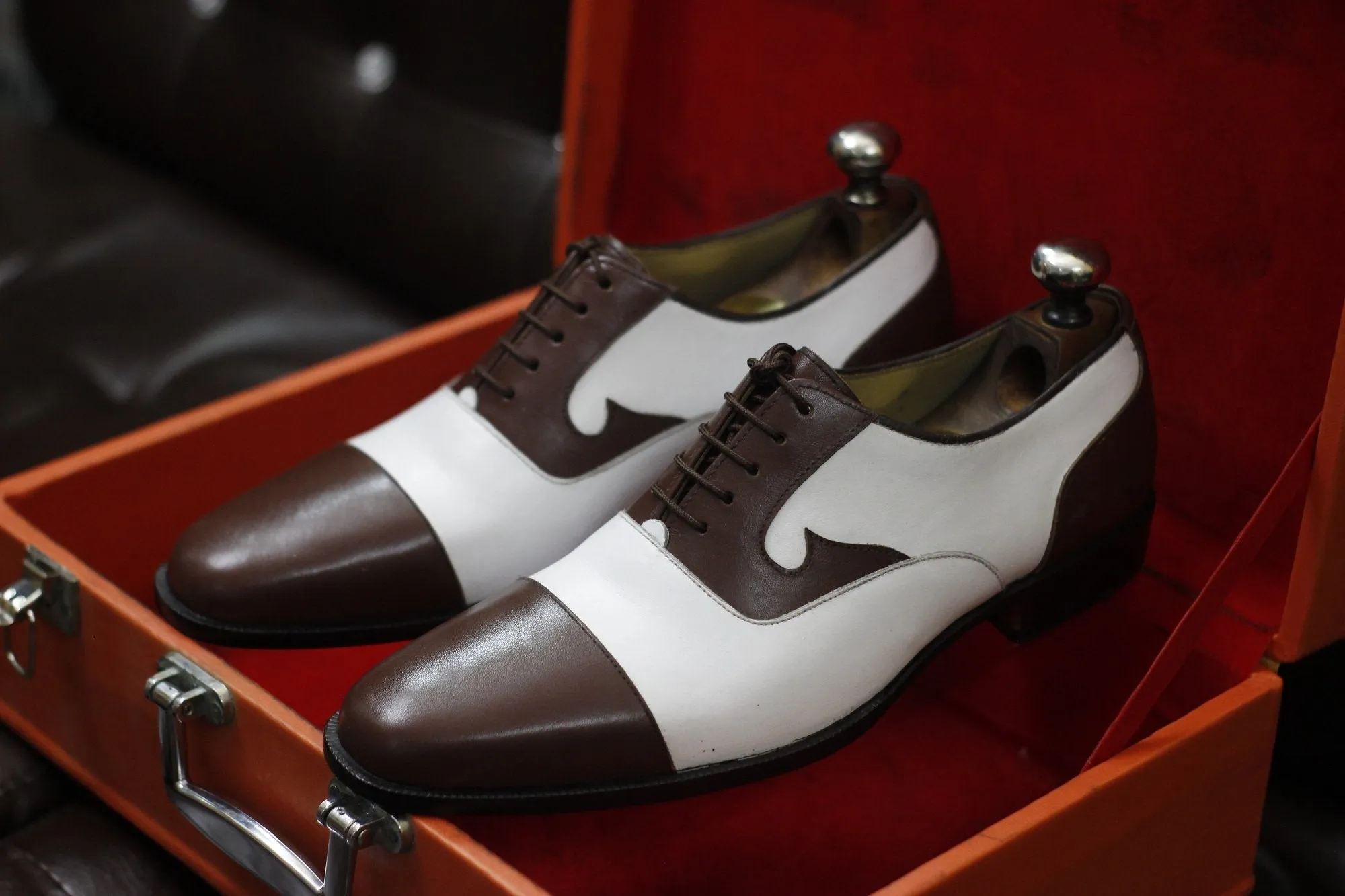 New Men's Handmade Formal Shoes Brown White Stylish Leather Cap Toe , Lace Up Dress & Casual Wear Shoes