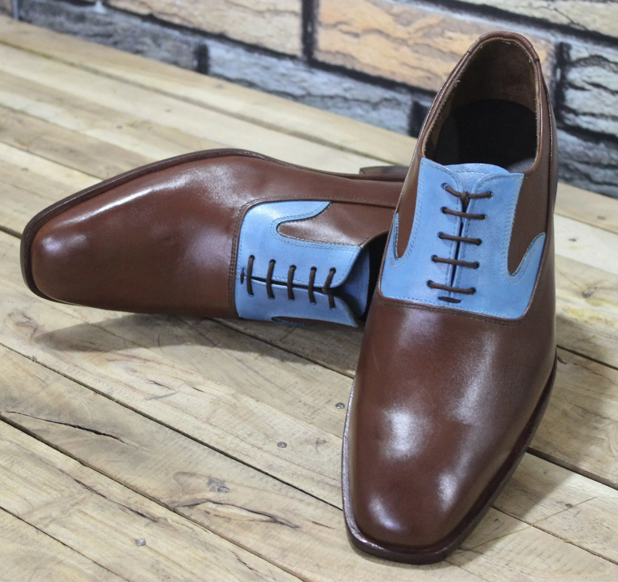 New Men's Handmade Formal Shoes Dual Color Blue & Brown Leather Lace Up Stylish Dress / Formal Wear Shoes
