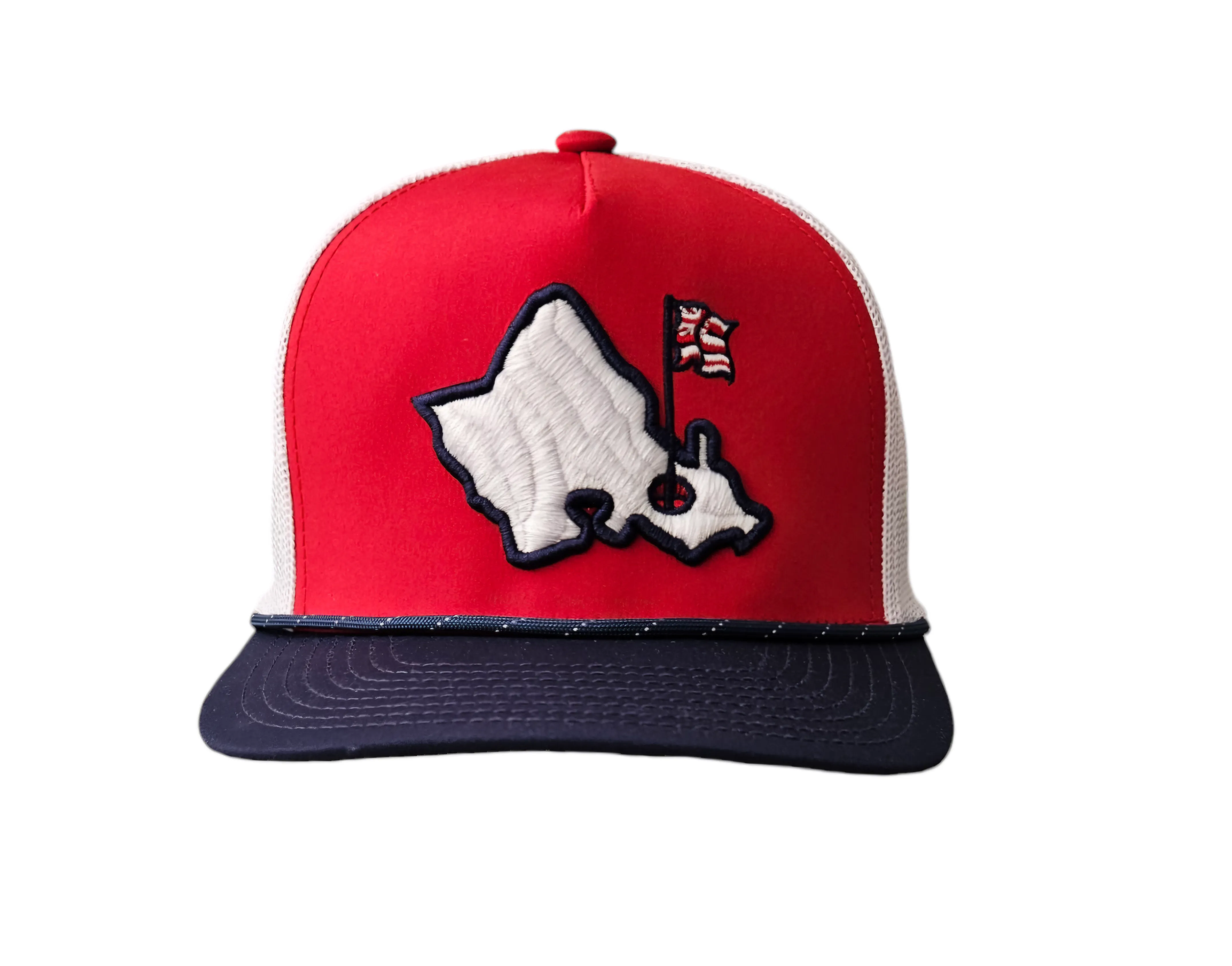 "Mauka Island Trucker" - Red/White/Blue Trucker Snapback - White Mauka Island Logo