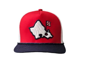 "Mauka Island Trucker" - Red/White/Blue Trucker Snapback - White Mauka Island Logo
