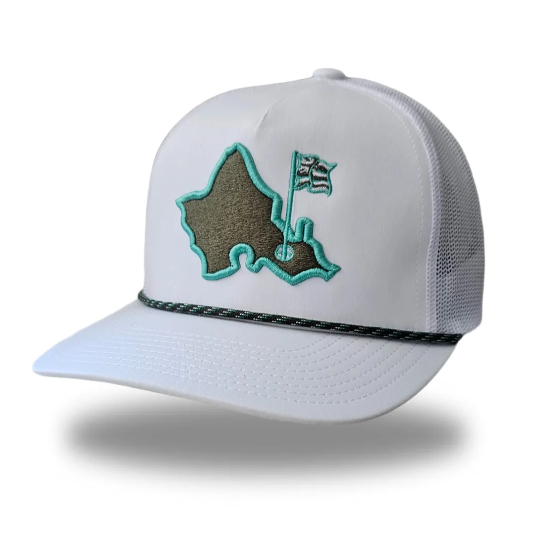 "OG Island Trucker" - Haupia White Trucker Snapback - Military Green/Teal Island Logo