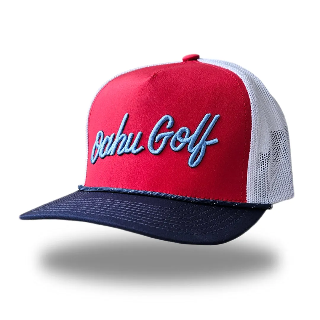 "OG Script Trucker" - Red/White/Blue Trucker Snapback - Lt. Blue OG Script