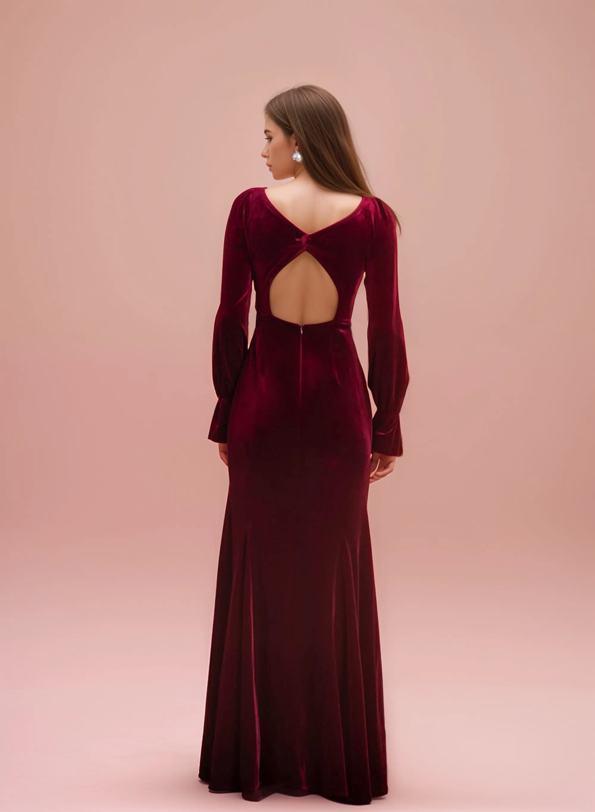 Ruffled open long Sleeves straight neckline hollow back sheath velvet prom dress