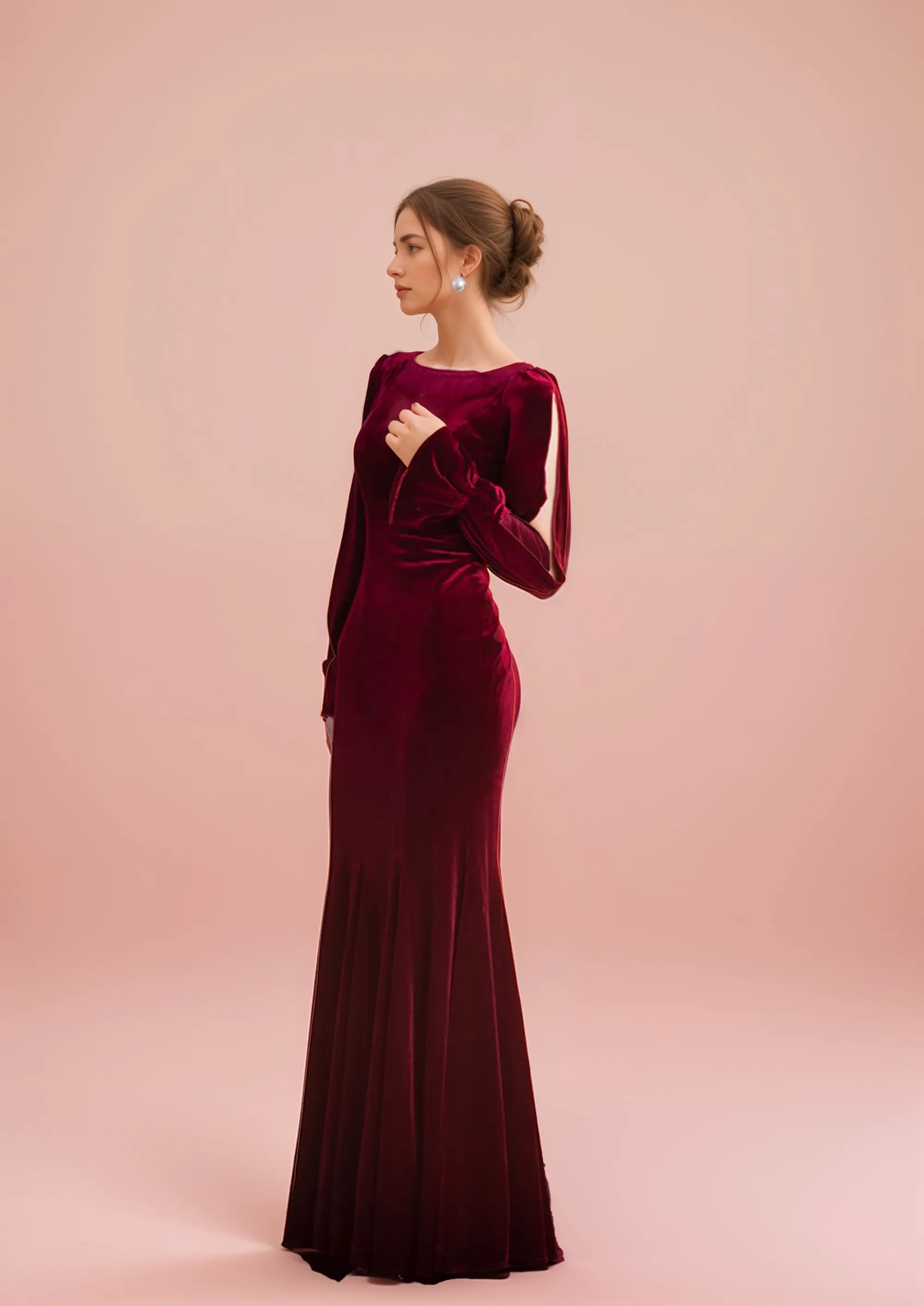 Ruffled open long Sleeves straight neckline hollow back sheath velvet prom dress