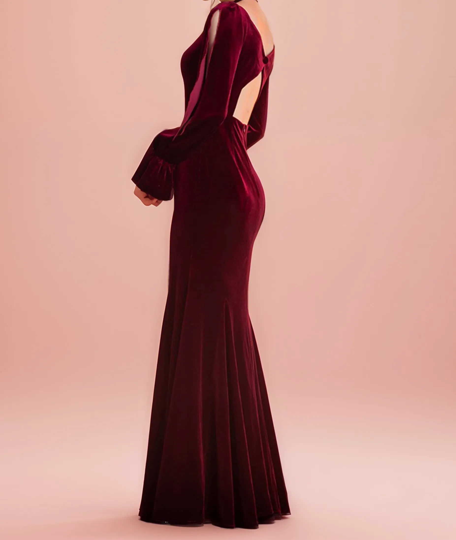Ruffled open long Sleeves straight neckline hollow back sheath velvet prom dress
