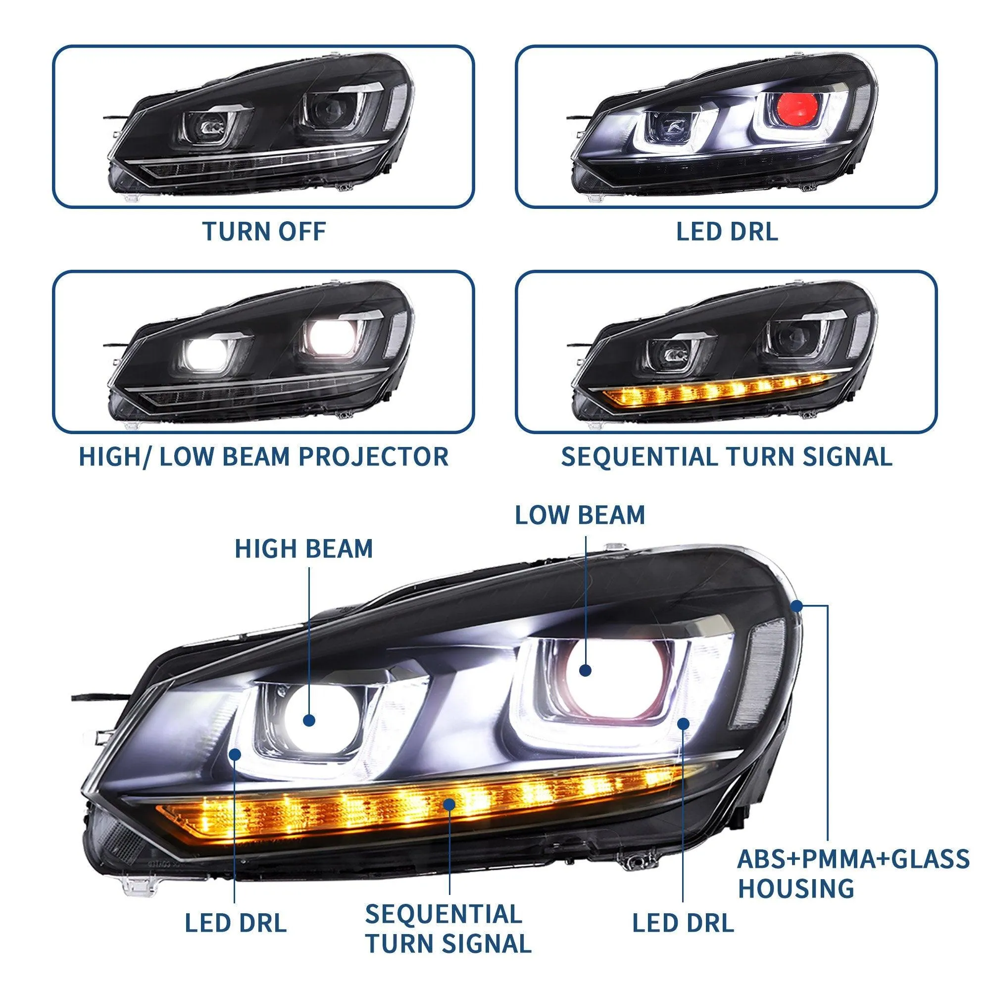 VLAND LED Red Demon Eye Headlights and Taillights Combo For Volkswagen Golf 6 MK6 2008-2014