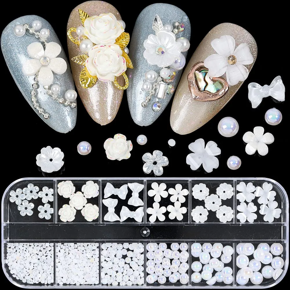 White Flower Nail Charms for Nail Art, Acrylic Flowers Pearls Beads Nail Art Pendants 3D Nail Art Accessories Flower Nail Decals Flatback Nail Art Charms for Women Nail Salon Nail Art Designs