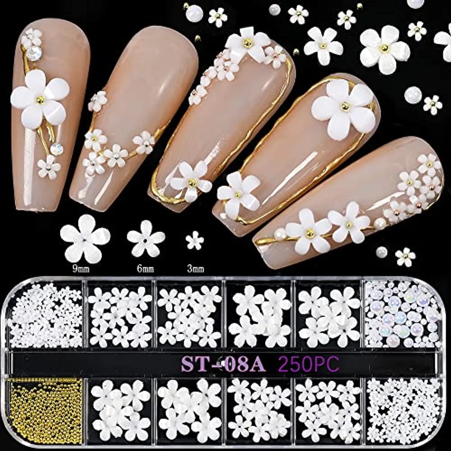 White Flower Nail Charms for Nail Art, Acrylic Flowers Pearls Beads Nail Art Pendants 3D Nail Art Accessories Flower Nail Decals Flatback Nail Art Charms for Women Nail Salon Nail Art Designs