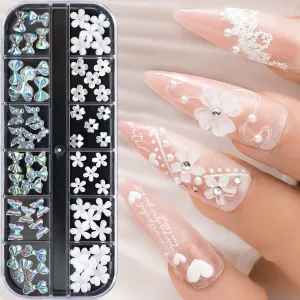 White Flower Nail Charms for Nail Art, Acrylic Flowers Pearls Beads Nail Art Pendants 3D Nail Art Accessories Flower Nail Decals Flatback Nail Art Charms for Women Nail Salon Nail Art Designs