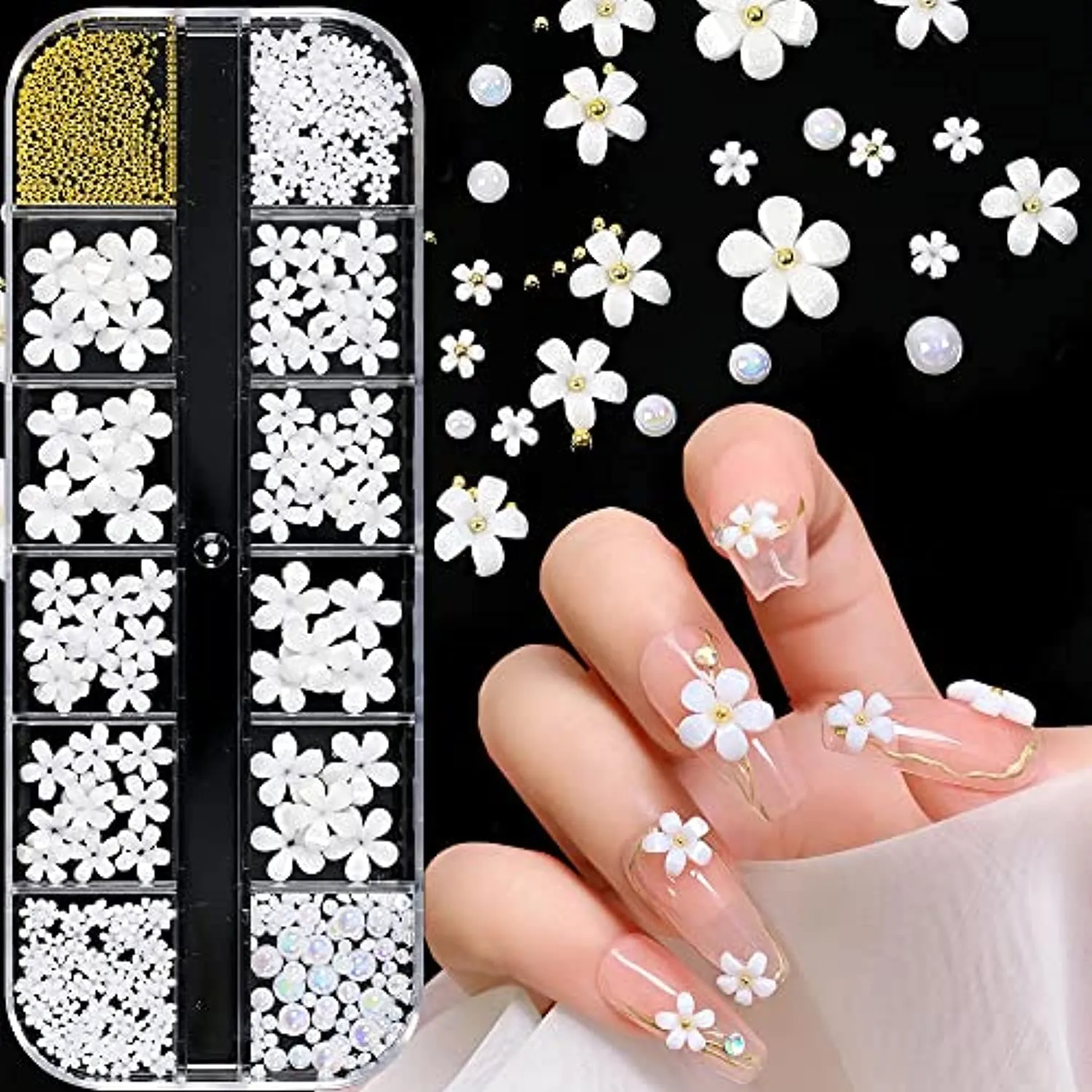 White Flower Nail Charms for Nail Art, Acrylic Flowers Pearls Beads Nail Art Pendants 3D Nail Art Accessories Flower Nail Decals Flatback Nail Art Charms for Women Nail Salon Nail Art Designs