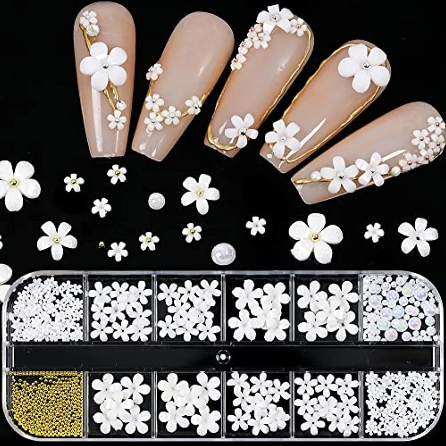 White Flower Nail Charms for Nail Art, Acrylic Flowers Pearls Beads Nail Art Pendants 3D Nail Art Accessories Flower Nail Decals Flatback Nail Art Charms for Women Nail Salon Nail Art Designs