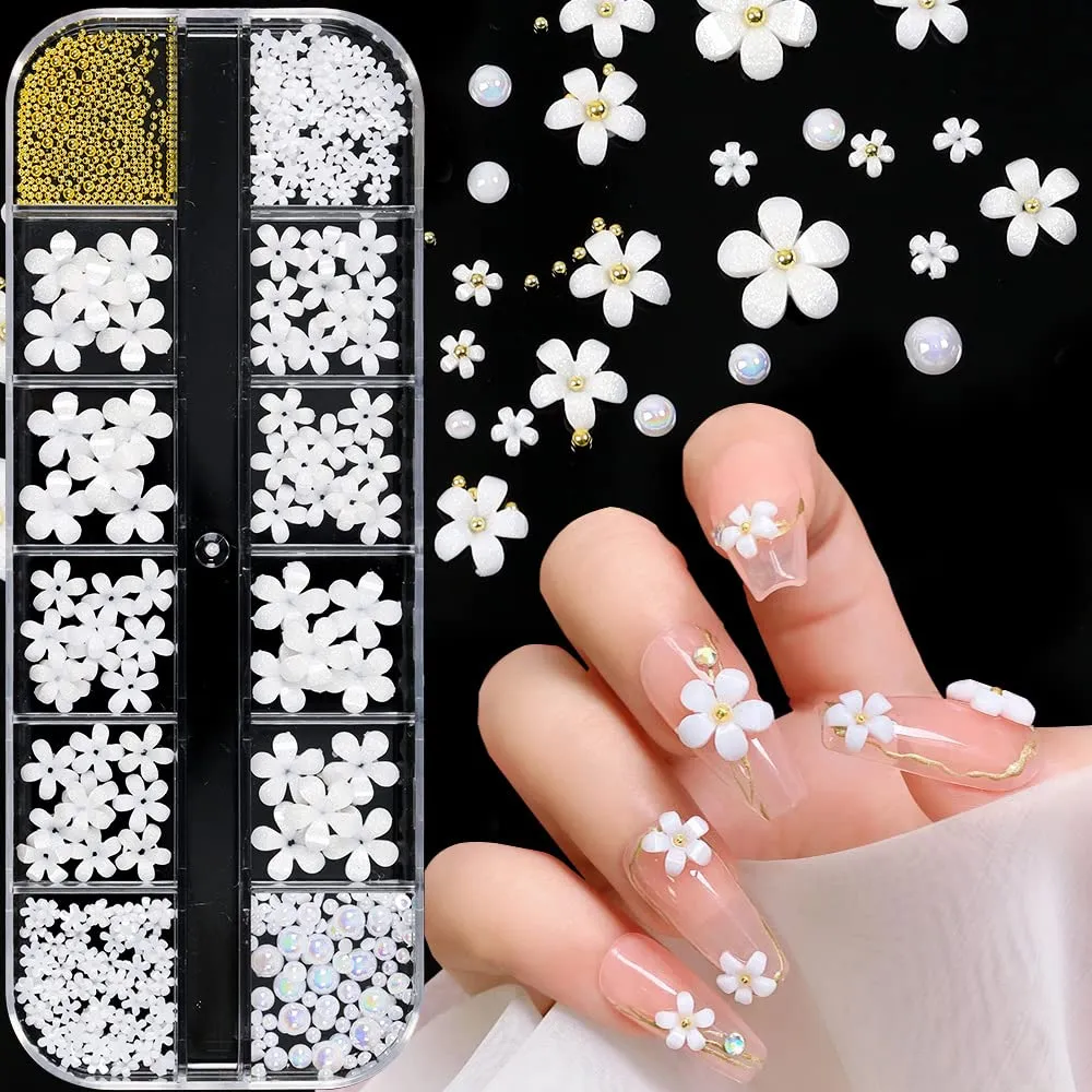 White Flower Nail Charms for Nail Art, Acrylic Flowers Pearls Beads Nail Art Pendants 3D Nail Art Accessories Flower Nail Decals Flatback Nail Art Charms for Women Nail Salon Nail Art Designs